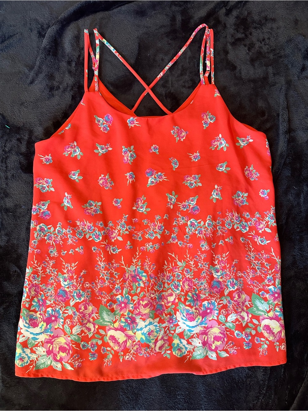 Everly Red Floral Print Strappy Tank Top Size Large Boho Sleeveless Blouse